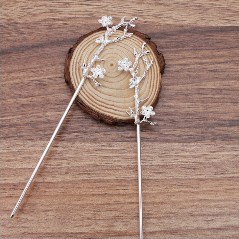 2Pcs 24X60Mm Bloem Koper Haarspelden Vorken Vorm Hair Sticks Haar Pin Haar Clip Haar Dragen Voor diy Sieraden Accessoires: Silver