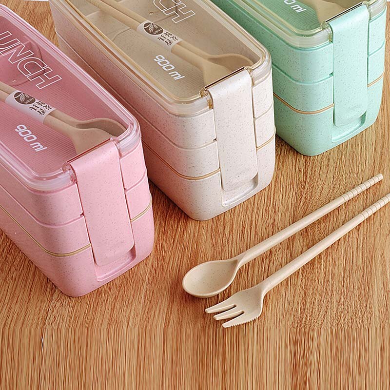 900ml Healthy Material 3 Layers Lunch Box Wheat Straw Bento Boxes Microwave Dinnerware Food Storage Container Lunchbox