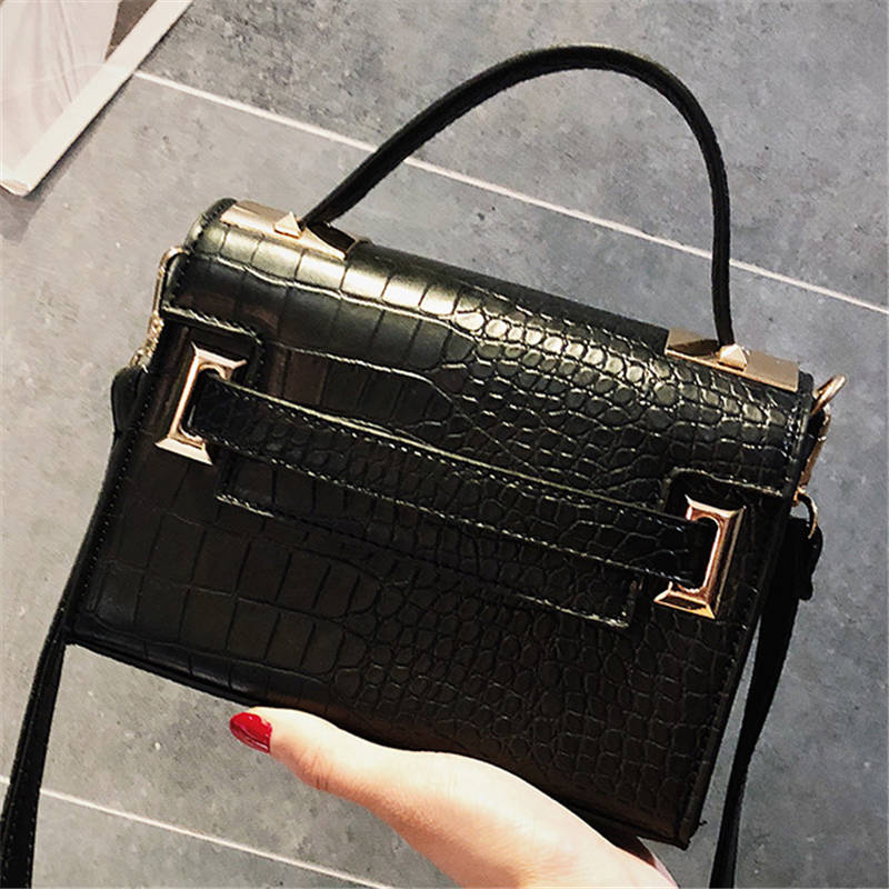 SGARR Damhandväska i PU-läder - Liten Casual Krokodil Crossbody Tote: Svart