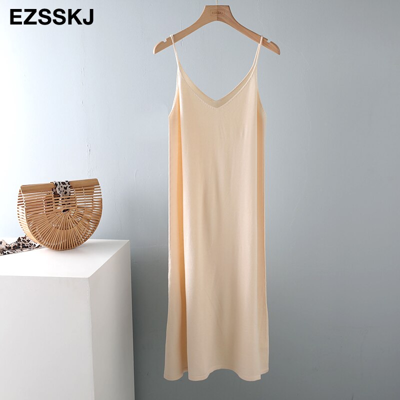 Chic a-line basic forår sommer kjole stropløs strikkjole kvinder løs camisole oversize lang kjole kvinde strik maxi kjole: Beige