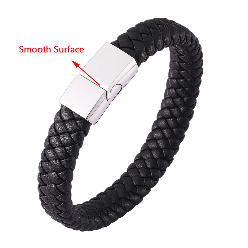 Biżuteria punkowa czarne brązowe plecione skórzane bransoletki męskie ręcznie robiona bransoletka ze stali nierdzewnej zapięcie magnetyczne skórzana bransoletka prezent P740: czarny 0458B / Inner Perimeter175mm