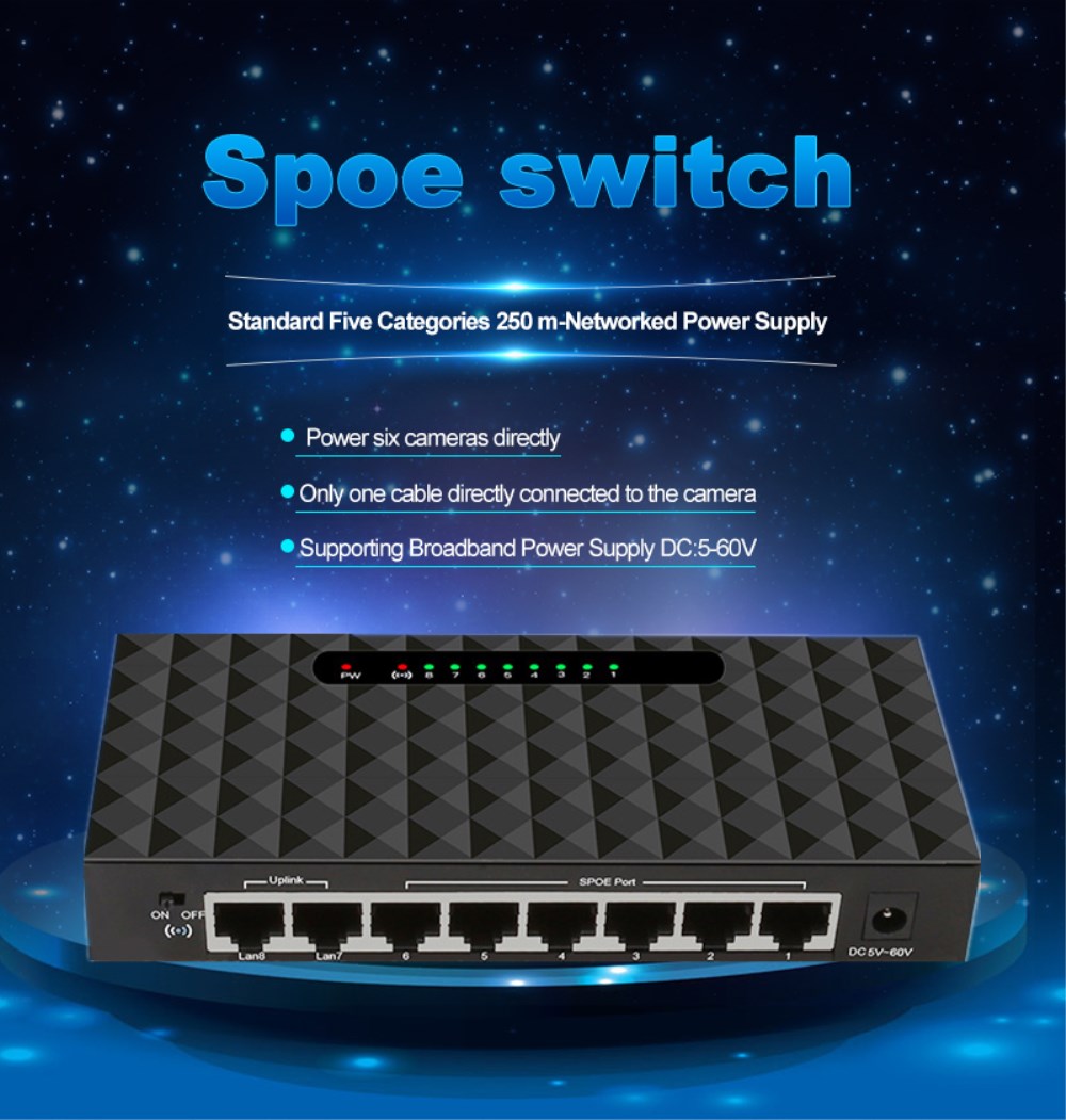 8 Porta Spoe Interruttore 250M Spoe Power Over Ethernet Switch 90W Adattatore di Alimentazione per Telecamere Ip di Rete O wireless Ap/6 Poe Splitter