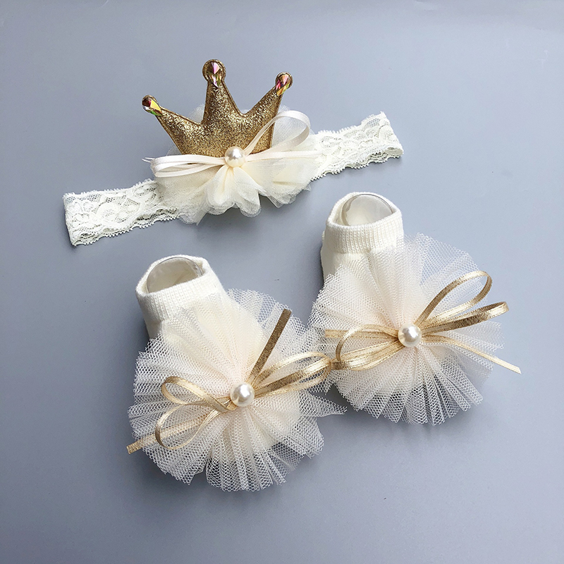 Baby Meisje Sokken Hoofdband Set Kant Bows Pasgeboren Meisje Head Bands Baby Crown Tulband Korte Sokken Peuter Haar Accessoires 3 stks/set