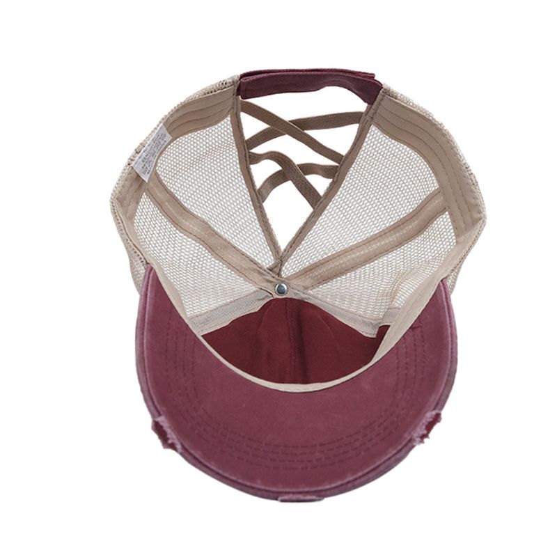 Women Distressed Washed Mesh Baseball Cap Leopard Camo Ponytail Band Trucker Hat