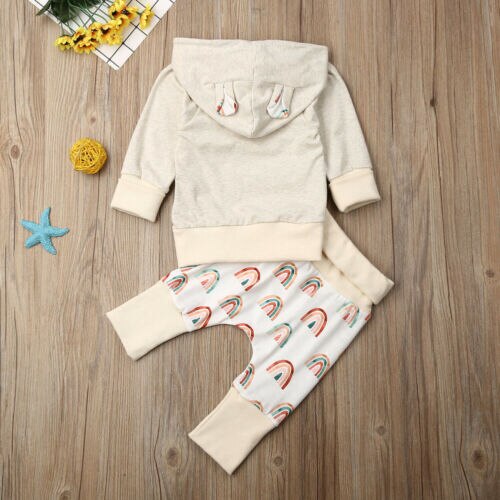Nyfødt tøj spædbarn baby dreng pige hætteklædte regnbue lange bukser outfit sæt efterår tøj