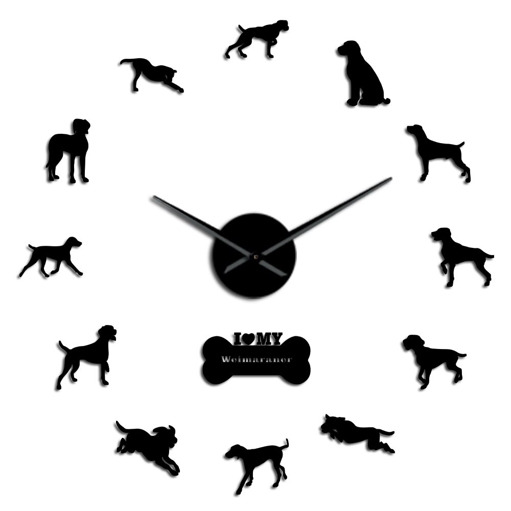 Modern Weimaraner Dog Breed 3D Acrylic DIY Wall Clock Doggie Canine Portrait Self Adhesive Wall Stickers Clock For Dog Lovers: Black / 47inch
