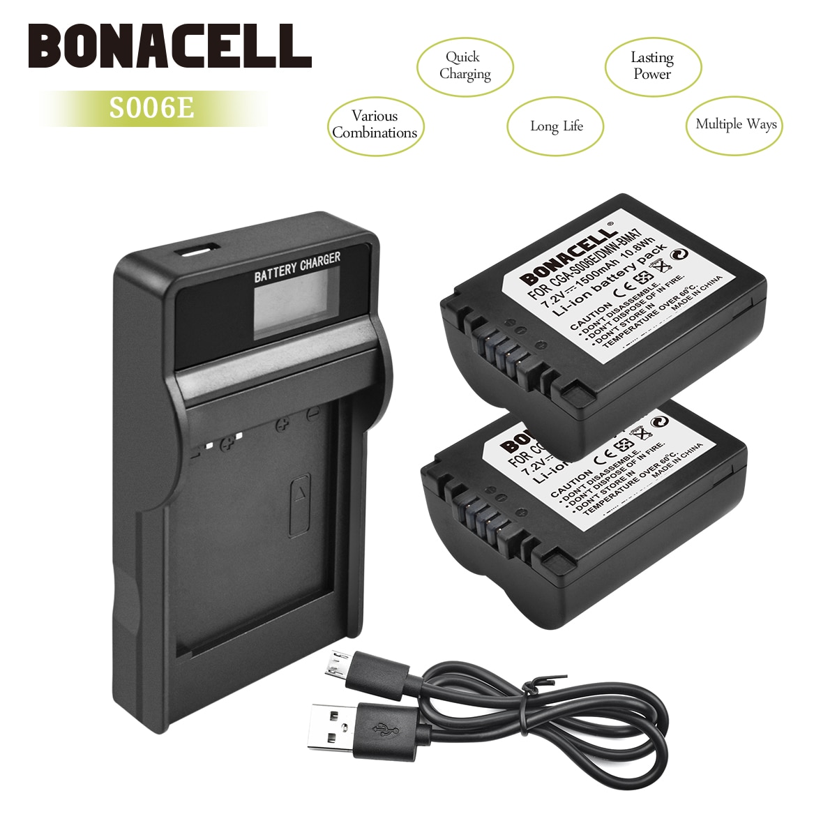Bonacell 1500mAh CGA-S006 CGR CGA S006E S006A S006 DMW-BMA7 Battery+LCD Charger for Panasonic DMC FZ7 FZ8 FZ18 FZ28 FZ50 L10