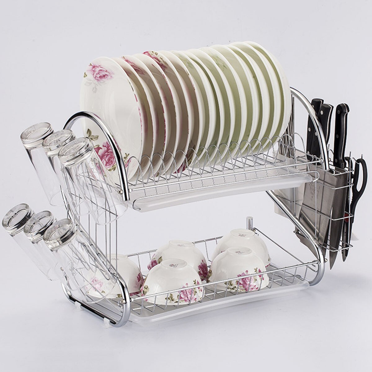 Estante de secado de platos de 2/3 niveles, cesta de hierro chapado, soporte para lavado del hogar, escurridor de platos para fregadero de cocina, estante organizador: D 2 Tier