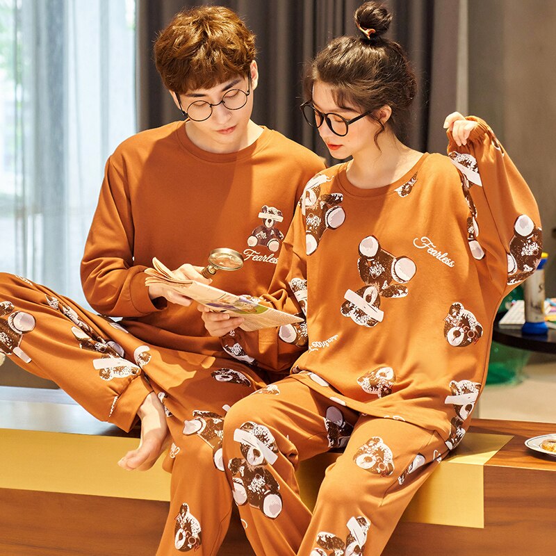 XIZOU ensemble de Pyjamas pour Couple vêtements de nuit femmes hommes coton Pijama à manches longues chemise de nuit vêtements de maison Pyjamas col rond vêtements de salon: For Women / L