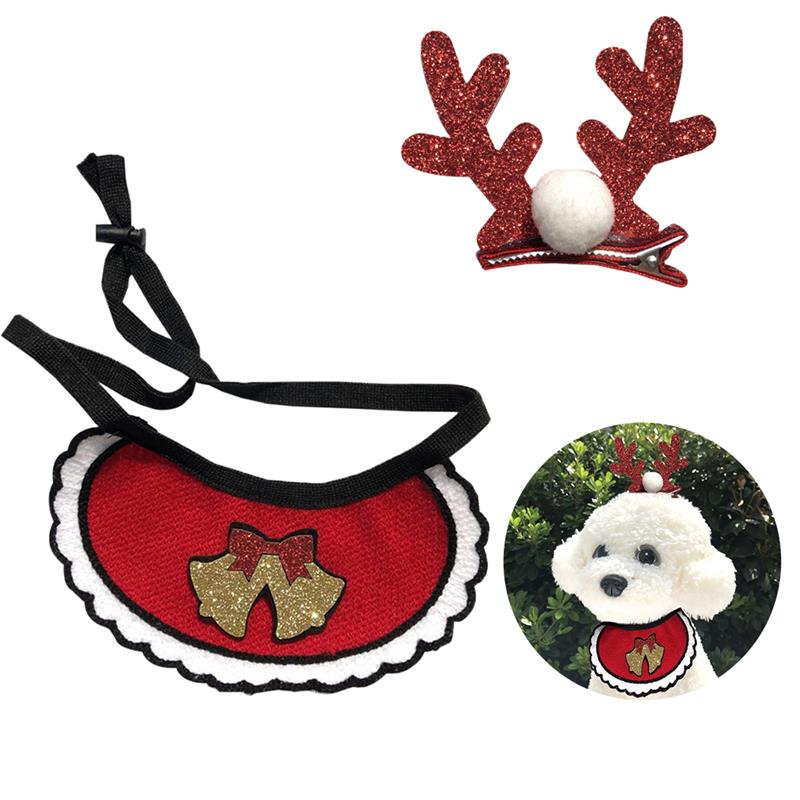 2Pcs/1Set Kerst Pet Bandana Leuke Hond Bandana Bib Huisdier Bib Puppy Halsdoek Met Hond Haar clip Huisdier Accesoires: Red Bells