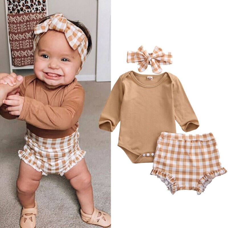 Ropa de playa para bebés y niñas, conjunto de 3 uds. De manga larga de Tops, mono + Pantalones a cuadros, conjunto de ropa 0-24M