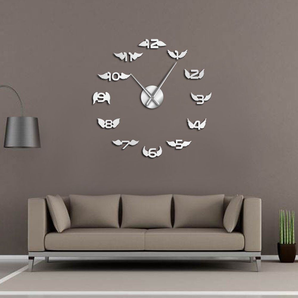 Bird Wings DIY Giant Wall Clock Angel Wings With Mirror Numbers StickersKid Room Wall Decor DIY Hanging Watch Frameless Horloge