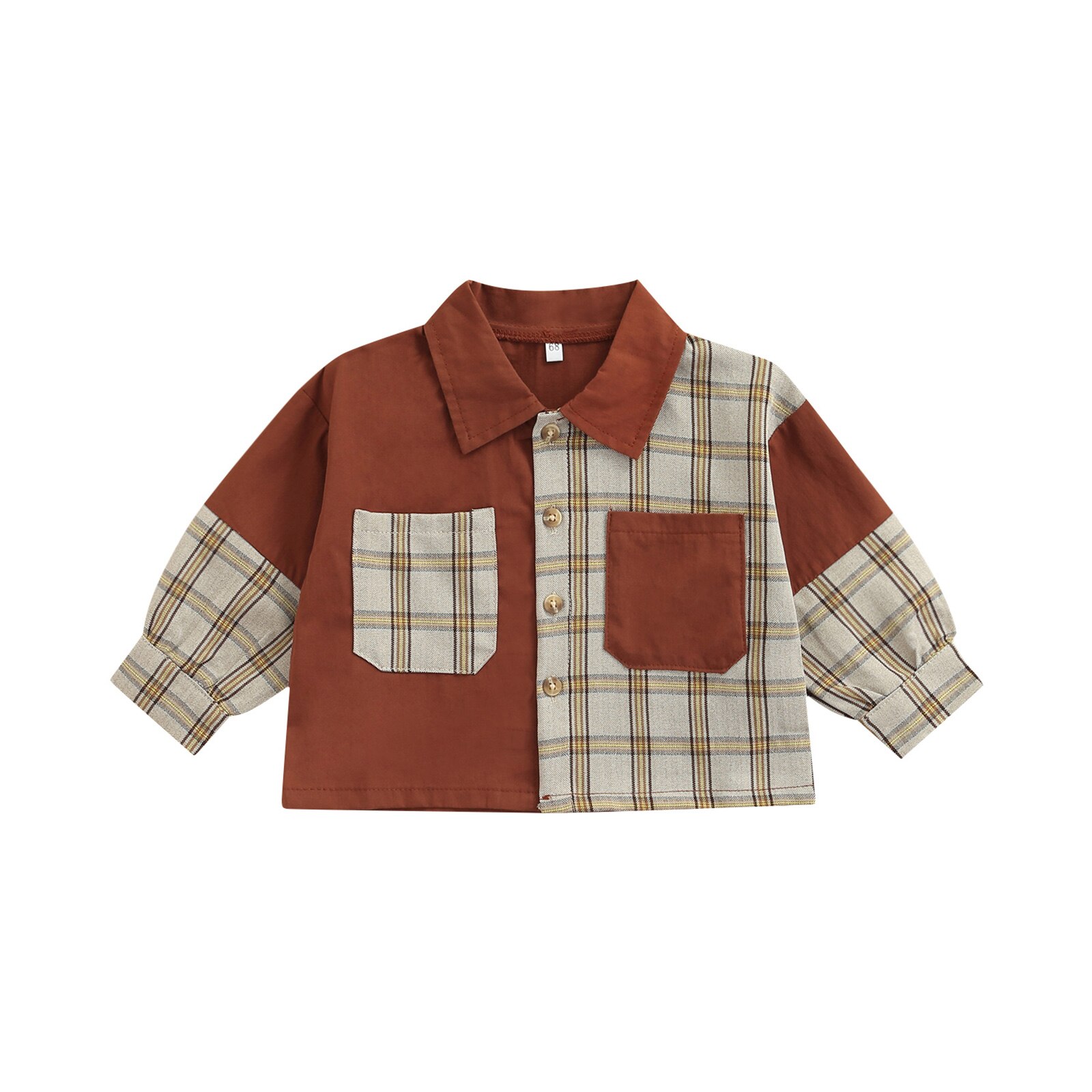 Camisa con botones para niños y niñas, Blusa de manga larga a cuadros de retazos, Top de 0 a 24 meses, para primavera y otoño: Castaño / 18 meses