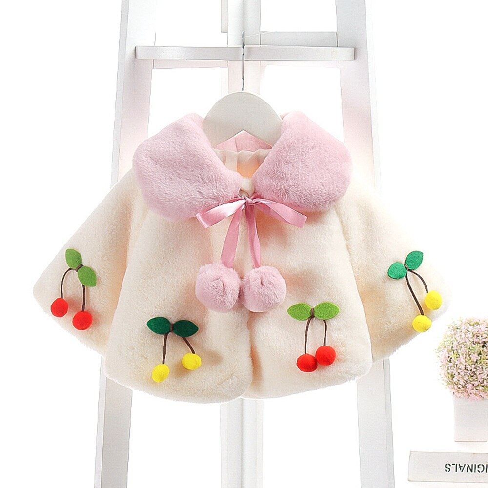 Vinter flickor barn kappa varm sammet fleece cape barn baby spädbarn körsbär bollar prinsessa tjocka ytterkläder mantel  s11467: Vit / 24m