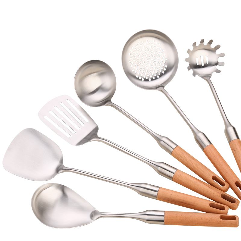 Espátula para utensilios de cocina, cuchara con colador, cucharas para sopa, pala ranurada, utensilios de cocina de acero inoxidable, batería de cocina mango de madera, cocina