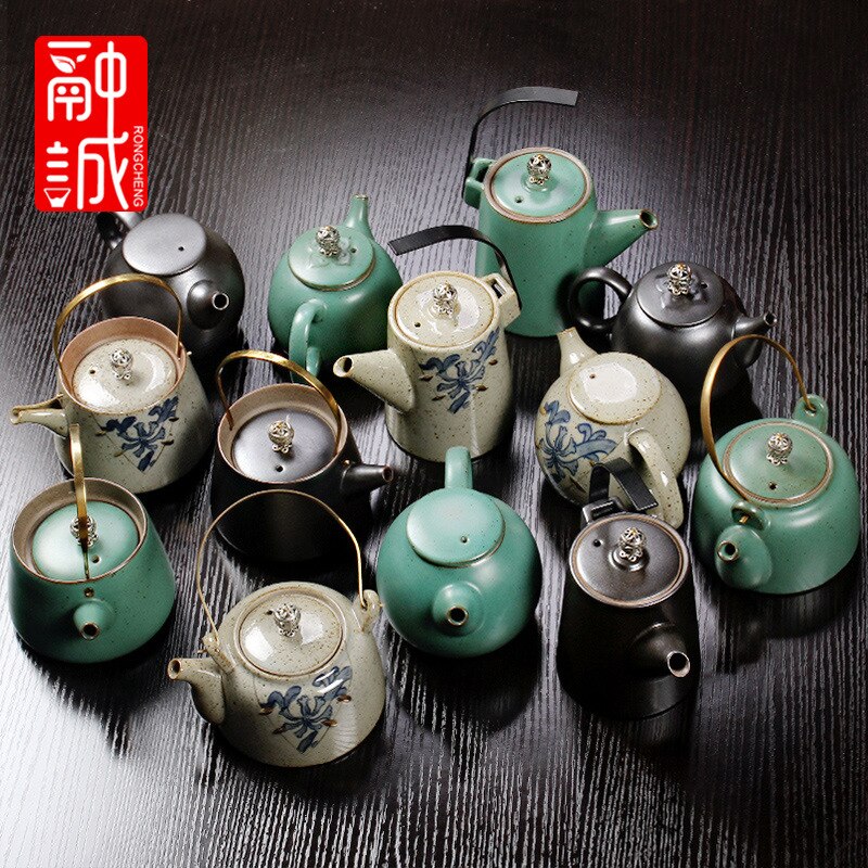 Vintage Tea Loop-handled Teapot Ceramic Retro Tea Making Device Household Copper Handles Single Teapot Tea Kettle Japanese Style