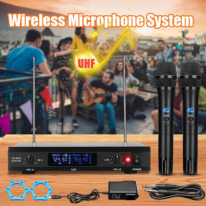 Efficient UHF Wireless Microphone System 2 Channel 2 Cordless Handheld Mic Kraoke Speech Party Cardioid Microphone 50M Receive
