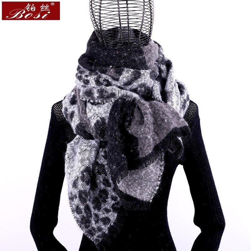 Kashmir tørklæde leopard plaid print vinter til kvinder kvast sjal plaid lange tørklæder mærke oversize uld wraps pashmina: Grå