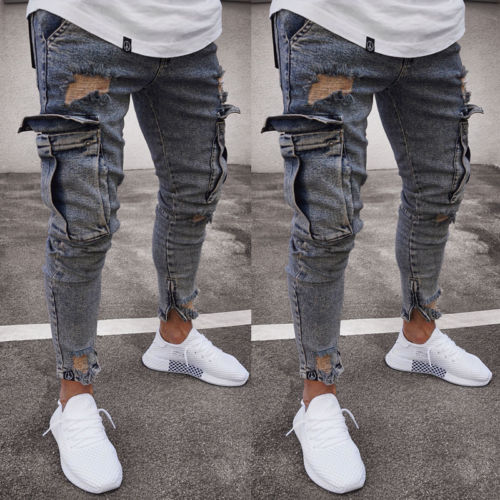 Pantalones ceñidos elásticos rasgados de motorista