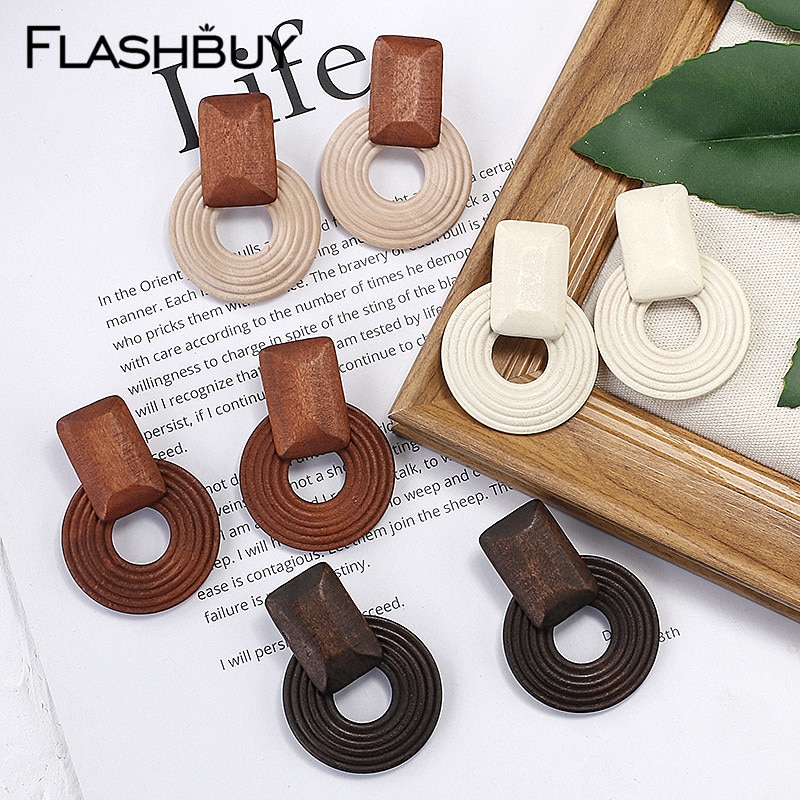 Flashbuy di Legno Splice Rotonda Ciondola Gli Orecchini Per Le Donne Piazza Geometrica Dichiarazione Orecchino Monili di Cerimonia Nuziale Alla Moda Accessori