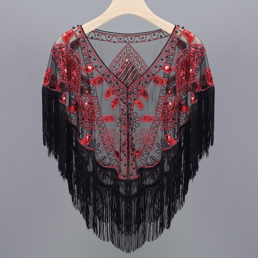 Vrouwen 1920 S Lovertjes Sjaal Met Kwastjes Kralen Parel Fringe Sheer Mesh Wraps Gatsby Flapper Bolero Cape Cover Up: black red