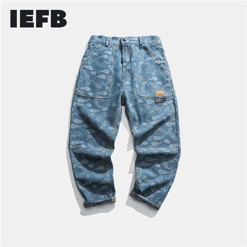 Iefb / herretøj efterår denim blå jeans cashew blomst high street hip hop direkte bukser mand 9 og 934