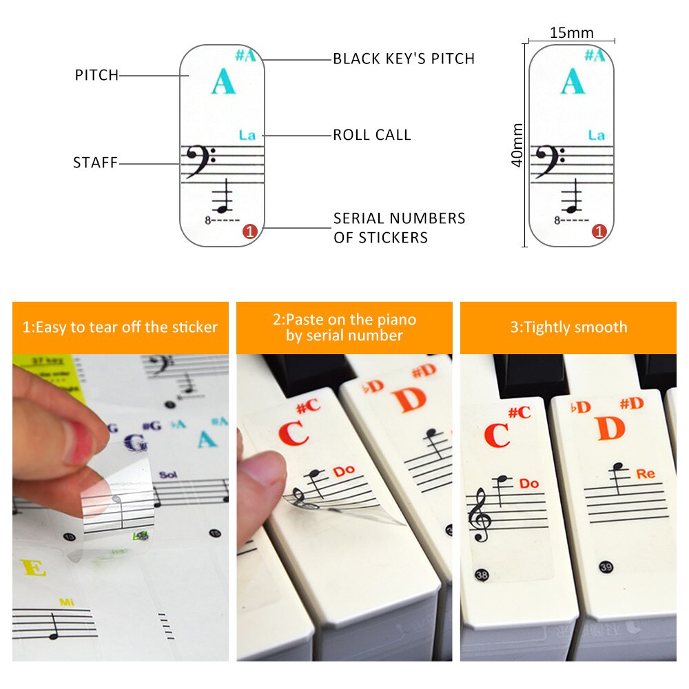 88/61/54/49 Transparent Piano Keyboard Stickers Electronic Keyboard Key Piano Stave Note Sticker Symbol for White Keys Sticker