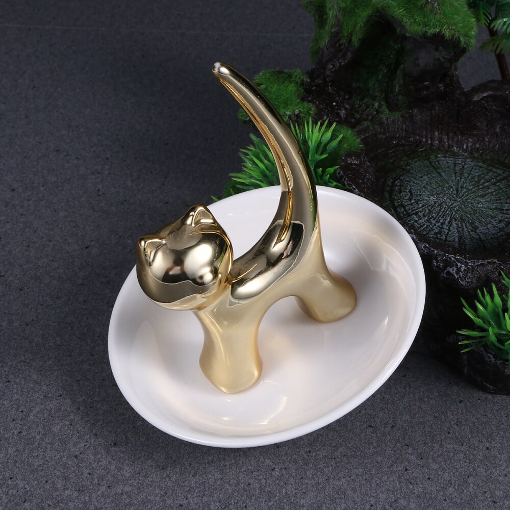 Plato de cerámica con forma de gato dorado para almacenamiento de joyas, bandeja decorativa para anillos, adorno de escritorio para pulsera, pendientes, collar