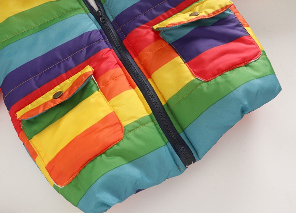 Peuter Baby Meisje Jongen Mooie Kleur Mode Jas Streep Regenboog Winter Warme Jas Hooded Winddicht Jas Schattige Kinderen Kleding