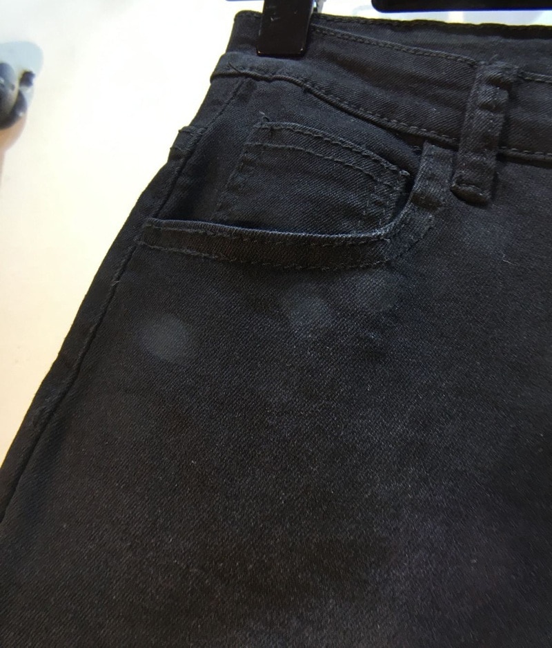 Women autumn elastic denim flare pants black solid diamonds striped ankle length slim jeans ladies high waist Rhinestone trouser