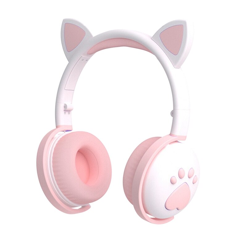 Cat Headset with Mic Kids Bluetooth 5.0 Cute LED Light Noise Stereo: White
