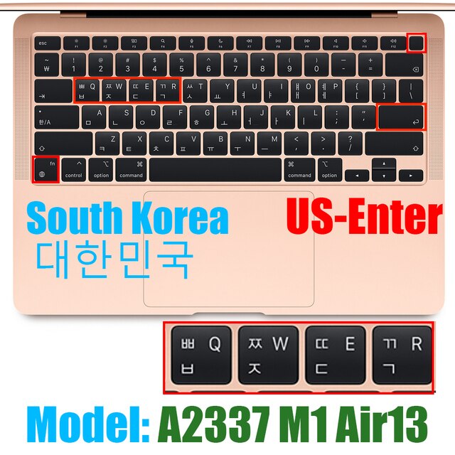 Funda protectora para teclado coreano US-Enter, para Macbook Pro 13Air 11 12 15 touchbar A2159 A1466 A1932/A1990/A1398/A1708: A2337 Air13 M1