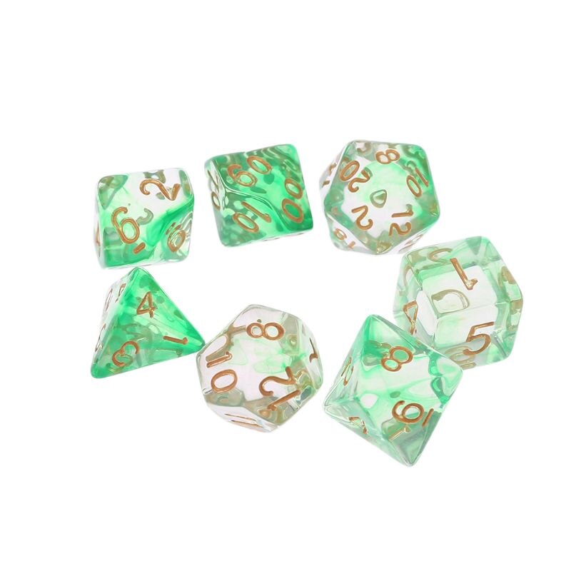 7pcs/set Transparent Sided Dice D4 D6 D8 D10 D12 D20 &amp; Dragon D&amp;D RPG Poly Table Board Games Toy: green