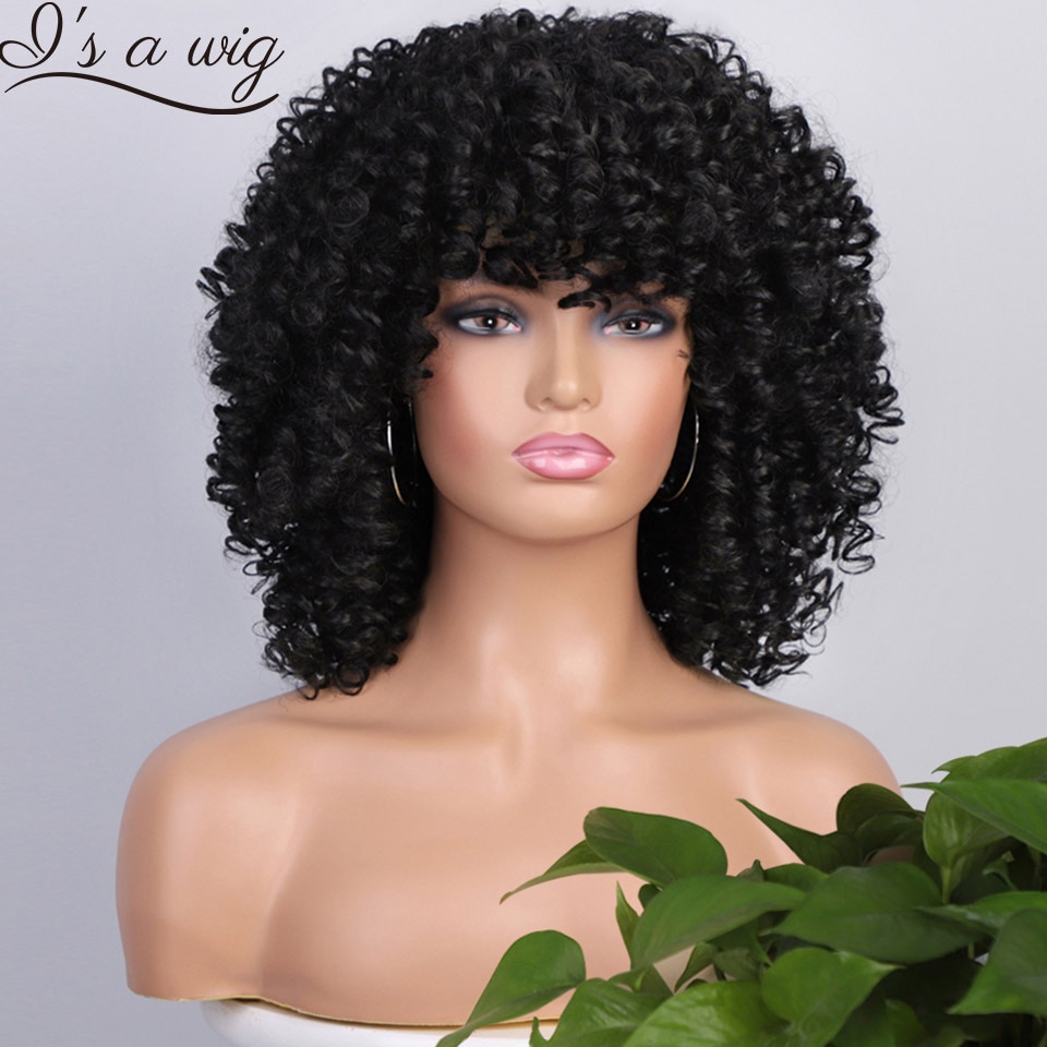 I's a wig Afro Kinky Curly Wig Short Black Synthetic Wigs with Bangs for Black Women Brown Natural Afro High Temperature Hair