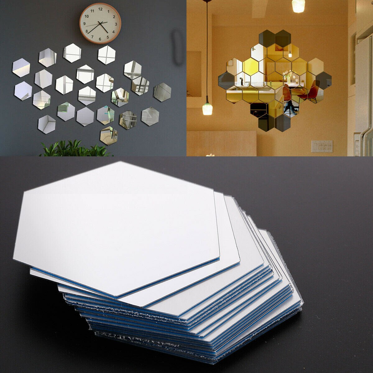 24Stck Hexagon Spiegel Fliesen Zauberstab Aufkleber Selbst-Klebstoff Mosaik- Reflektierende Heimat Leben Badezimmer Dekoration DIY Aufkleber