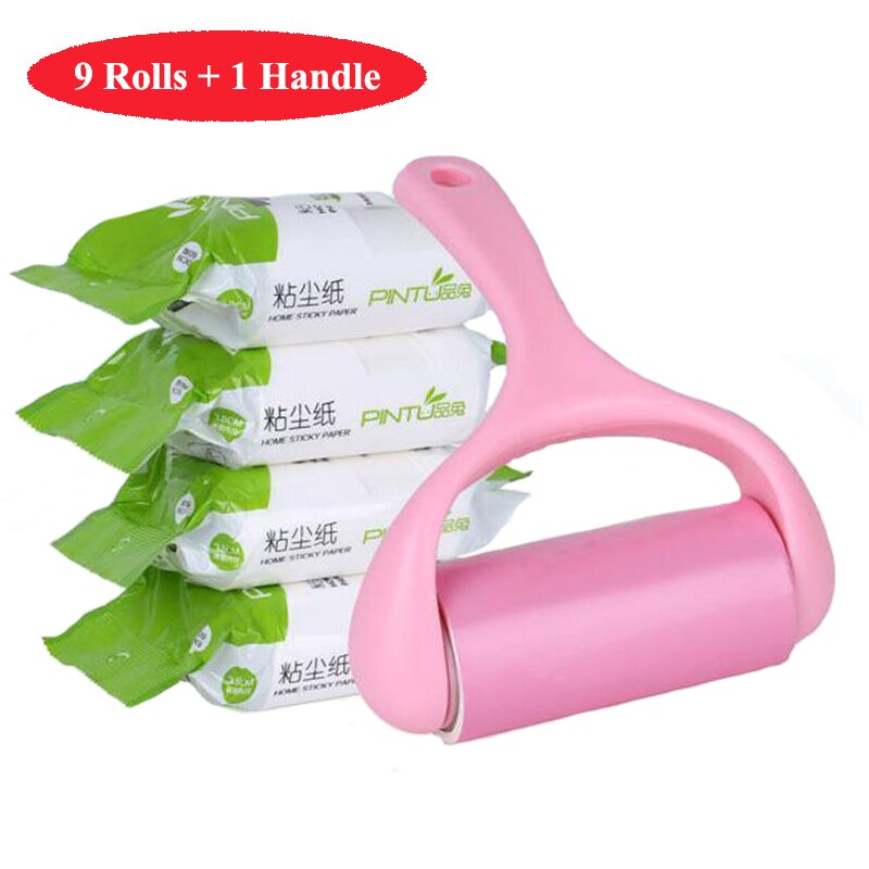 9 Rolls + 1 Handle Sticky Roller Sticky Handle Dust Paper Tearable Adhesive Brush Clothes Lint Cleaning Brush Pet Hair Remover
