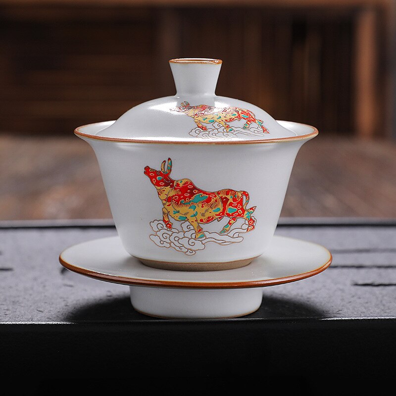 Traditions Chinese Gaiwan Ceramic Tea Sets PorcelainTeaware Tureen Sancai Authentic Tea Bowl Tea Cup and Tea Lid Set: H
