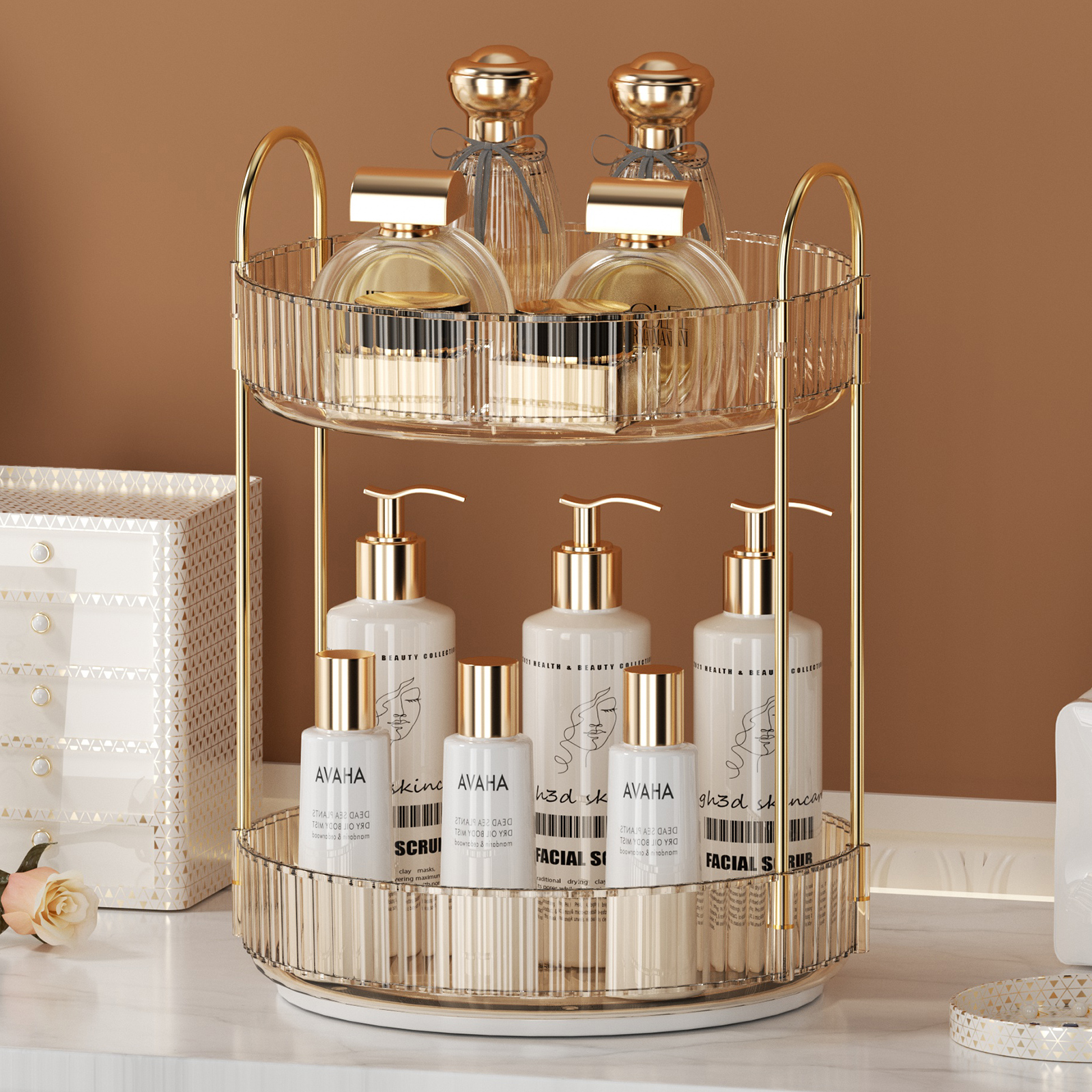Rotating Makeup Organizer for Vanity 3 Tier Skincare Organizers Large Storage Bathroom Countertop Clear Cosmetic Holder Dresser: light yellow