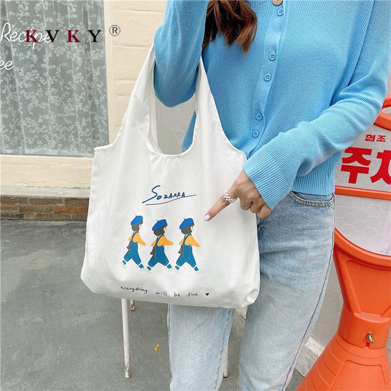 Original Illustration Korean Cartoon Printed White Canvas Bag Student Personality Handbag Shoulder Bag Green Bags