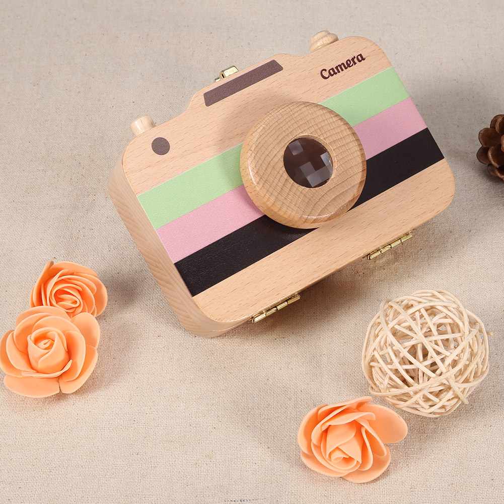 Safe eco-friendly Wooden Baby Tooth Box Teeth Organizer Wooden Camera-pattern Storage Box Case for Baby Teeth and Baby Hair