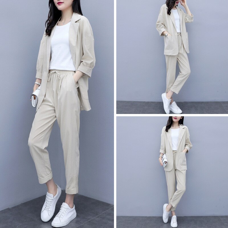 Casual Solid Women Pant Suits Notched Collar Blazer Jacket & Pencil Pant Female Suit Autumn OL Office Wear Blue Women Suits: 03 / 2XL