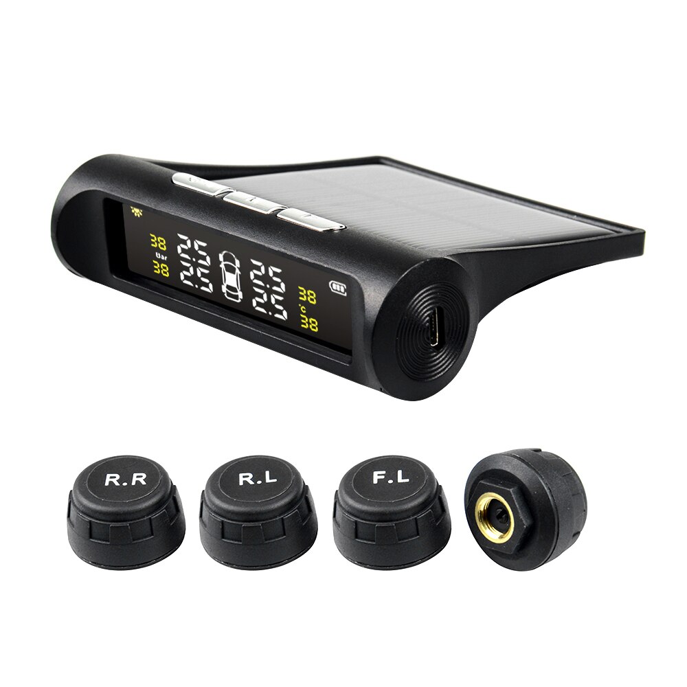 Solar USB Wireless Car TPMS – Tire Pressure Monitoring System With 4 External Sensors