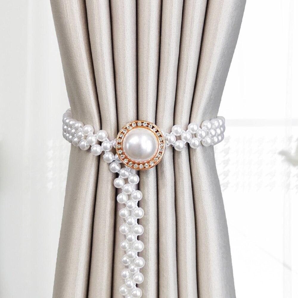 Pearl Adjustable Curtain Tieback Elastic Holder Hook Buckle Clip Pretty And Polyester Decorative Home Accessorie: Gold-Pearl