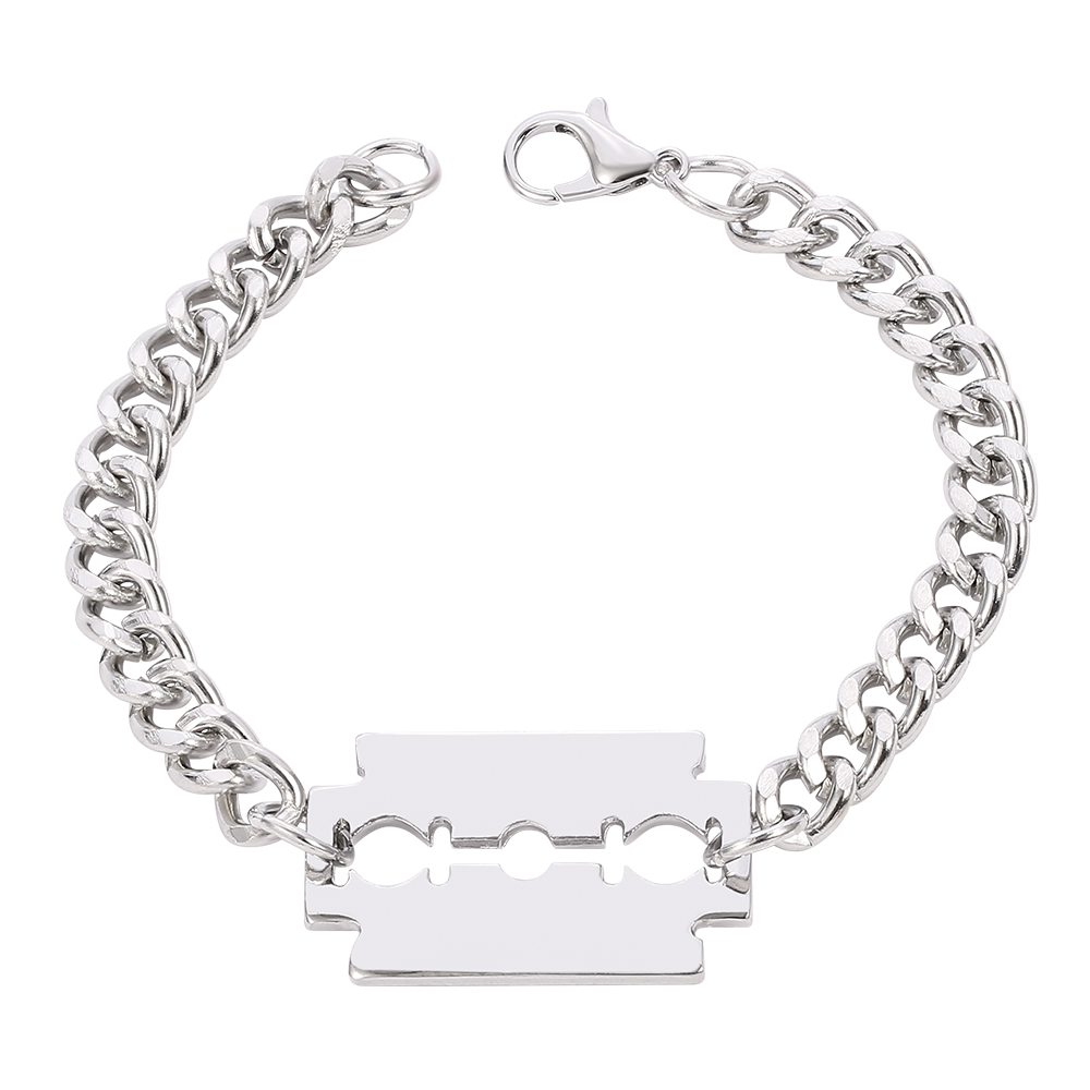 Punk Hip Hop Razor Blades Shaped Pendant Bracelet Men Silver Color Miami Curb Thick Choker Bracelet Jewelry Husband: Default Title