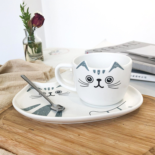 Juego de café de cerámica con mango de gato, taza de café creativa de Animal, juego de té, café, té y leche, novedad, 200ML: A