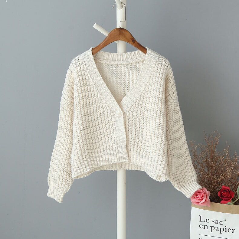 Høst dame retro stil ensfarget en knapp løs v-hals strikket cardigan genser damejakke rosa hvit: 4