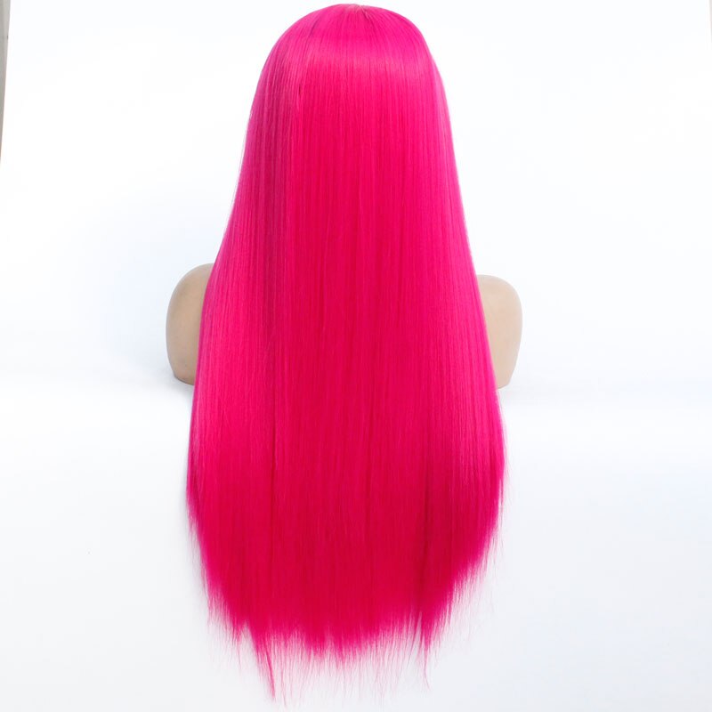 Rose Pink Synthetic Lace Front Wig Silky Straight Hand Tied Heat Resistant Fiber Free Part Natural Hairline Hair For Women Girls