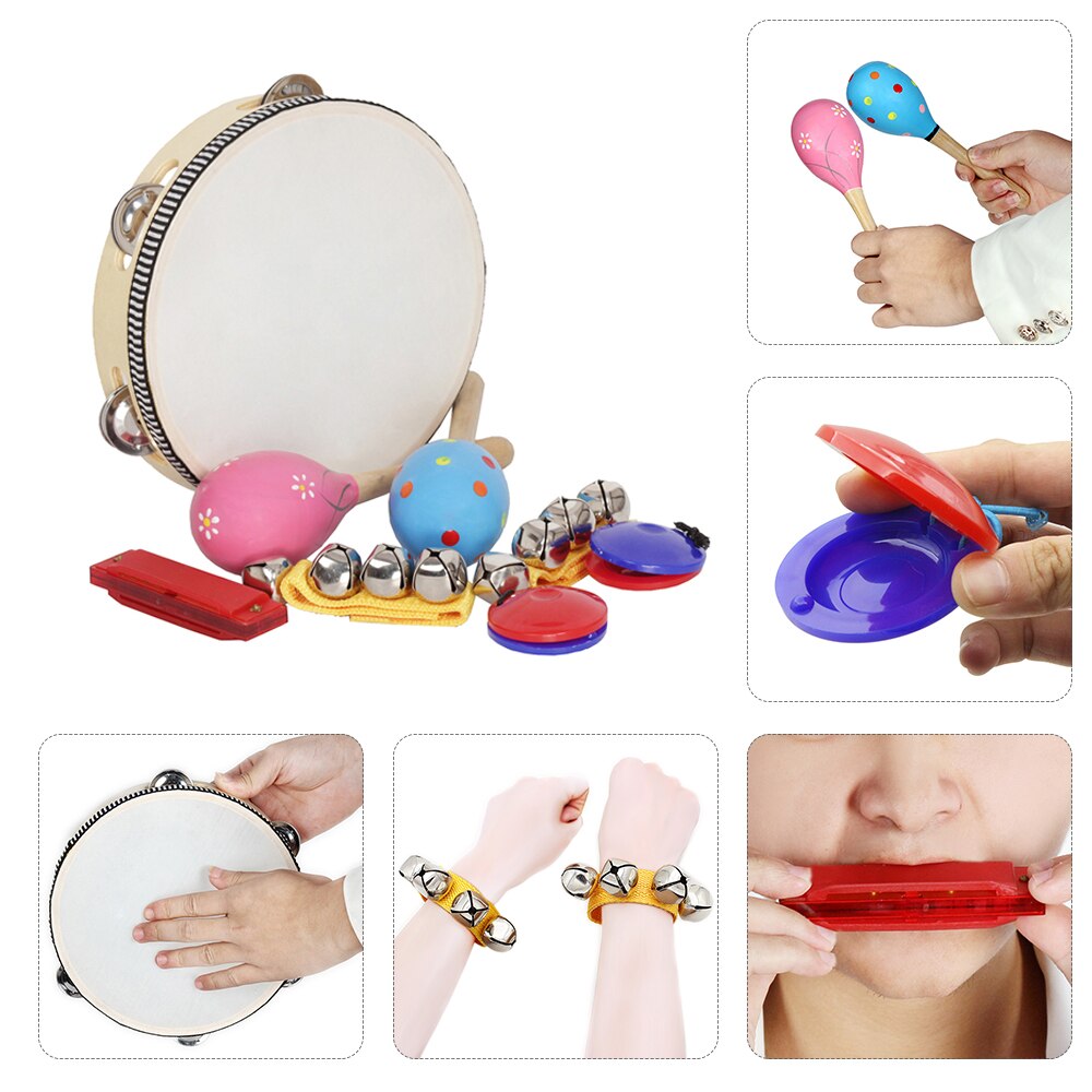 8 stk / sæt musikalsk legetøj bandrytmesæt inklusive tamburin maracas castanets håndklokker munnspil til børn som krismas