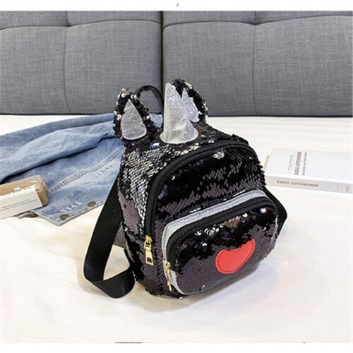 Frauen Glitter Pailletten Rucksack Nette Ohren Doppel Schulter Taschen Mini Bling Rucksäcke Kinder Mädchen Pailletten Reise Rucksäcke: Black