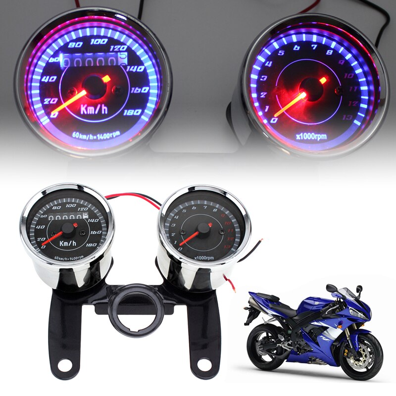 DC 12V Motorcycle Speedometer Odometer Gauge 0 - 180km / h 13000 RPM Colorful LED Backlight Tachometer Set